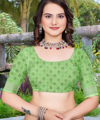 Green linen cotton printed saree 5