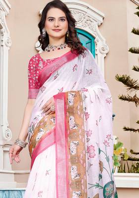 Off white linen cotton printed saree 3