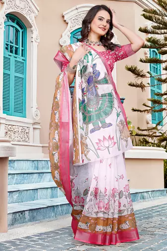 Off white linen cotton printed saree