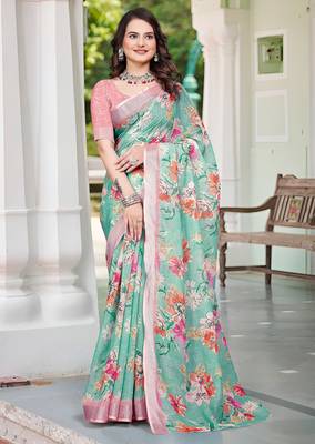 Sea green linen cotton printed saree 1