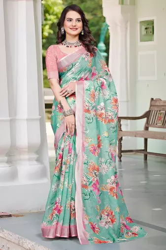 Sea green linen cotton printed saree