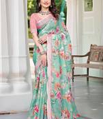 Sea green linen cotton printed saree