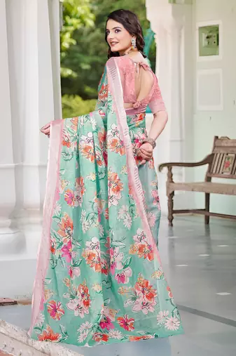 Sea green linen cotton printed saree