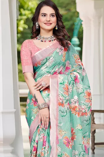 Sea green linen cotton printed saree