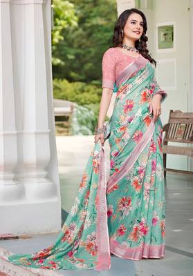 Sea green linen cotton printed saree 4