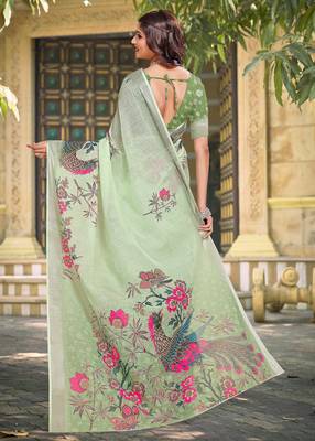 Pista linen cotton printed saree 2