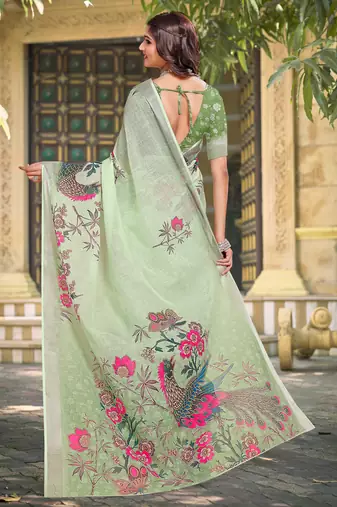 Pista linen cotton printed saree