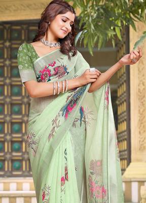 Pista linen cotton printed saree 3