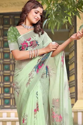 Pista linen cotton printed saree