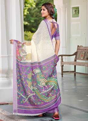 Lavender linen cotton printed saree 2