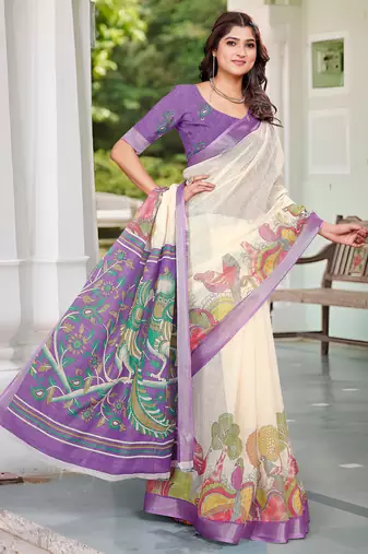 Lavender linen cotton printed saree