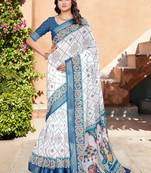 Blue linen cotton printed saree