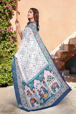 Blue linen cotton printed saree 2