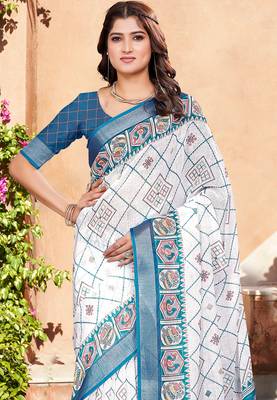 Blue linen cotton printed saree 3