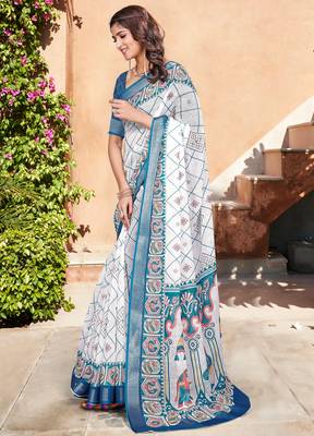Blue linen cotton printed saree 4