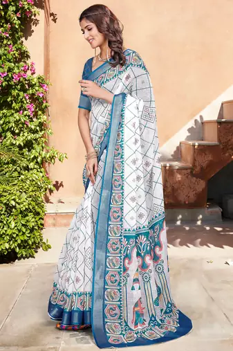 Blue linen cotton printed saree