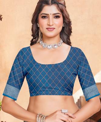 Blue linen cotton printed saree 5