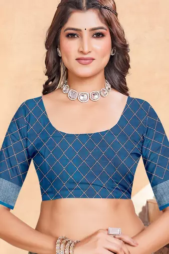 Blue linen cotton printed saree