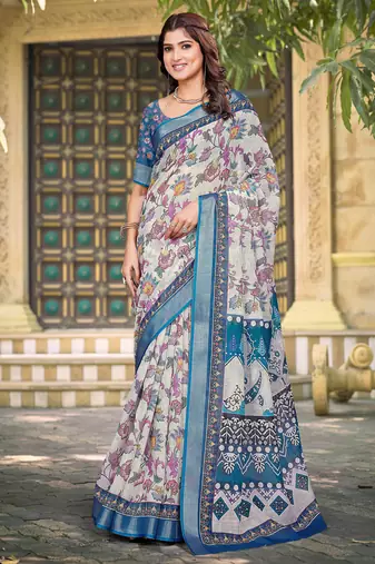 Blue linen cotton printed saree