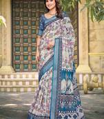 Blue linen cotton printed saree
