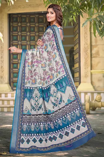 Blue linen cotton printed saree