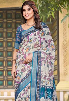 Blue linen cotton printed saree 3
