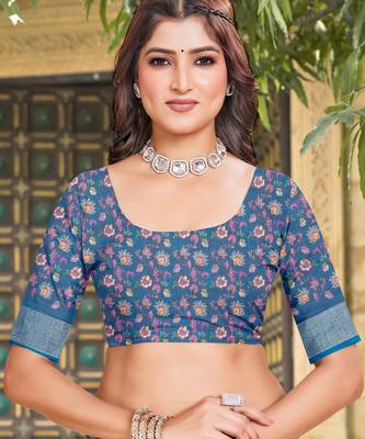 Blue linen cotton printed saree 5