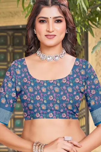 Blue linen cotton printed saree