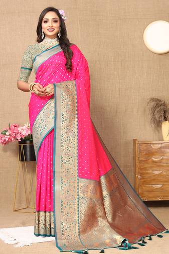 rani pink all over zari motifs silk blend saree with contrast pallu