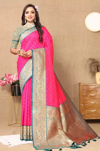 rani pink all over zari motifs silk blend saree with contrast pallu