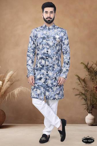 Blue embroidery velvet semi indowestern with pollo pant for mens