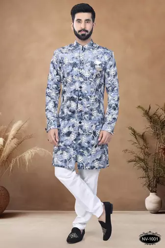 Blue embroidery velvet semi indowestern with pollo pant for mens