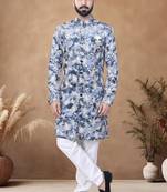 Blue embroidery velvet semi indowestern with pollo pant for mens