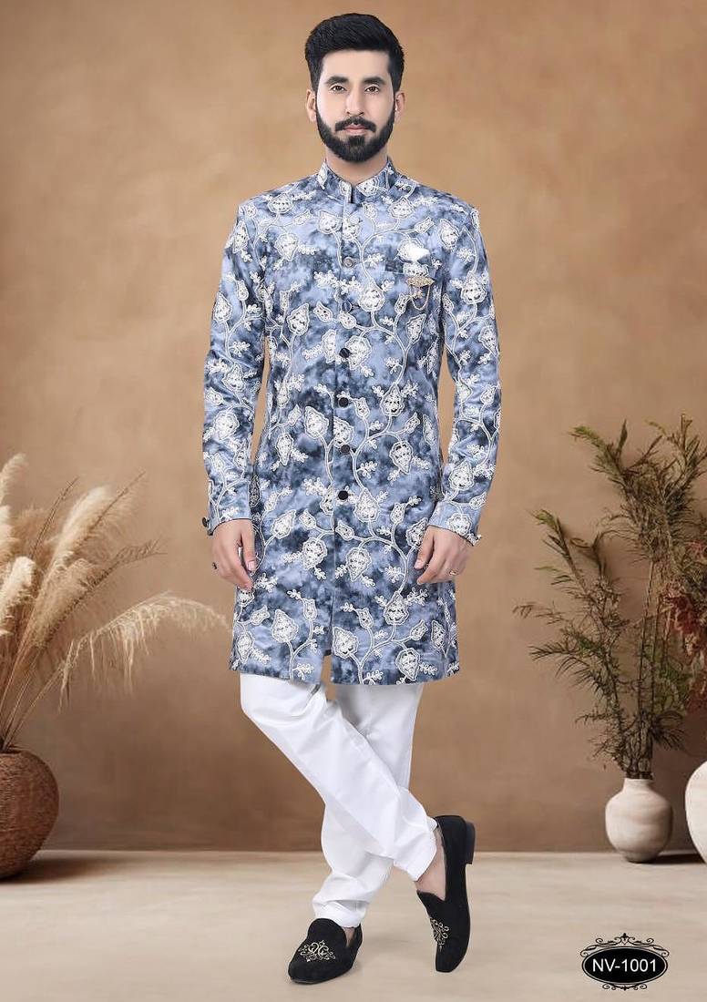 Blue embroidery velvet semi indowestern with pollo pant for mens