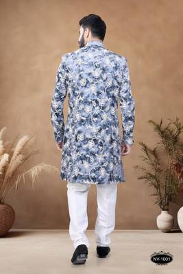 Blue embroidery velvet semi indowestern with pollo pant for mens 2