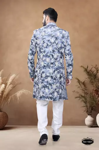 Blue embroidery velvet semi indowestern with pollo pant for mens