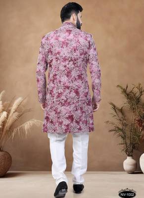 Red embroidery velvet semi indowestern with pollo pant for mens 2
