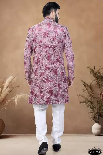 Red embroidery velvet semi indowestern with pollo pant for mens