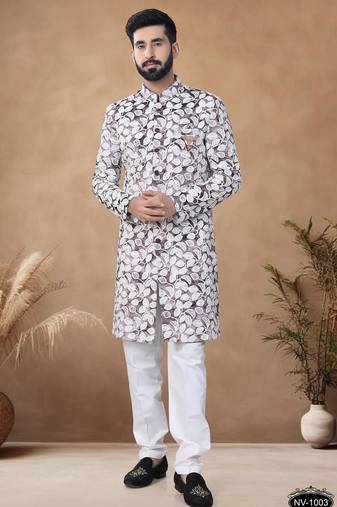 Red embroidery velvet semi indowestern with pollo pant for mens