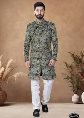 Green embroidery velvet semi indowestern with pollo pant for mens 1