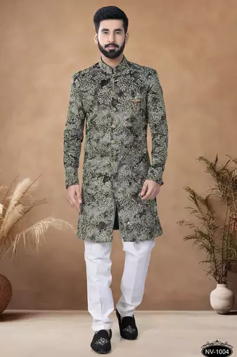 Green embroidery velvet semi indowestern with pollo pant for mens