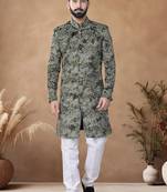 Green embroidery velvet semi indowestern with pollo pant for mens