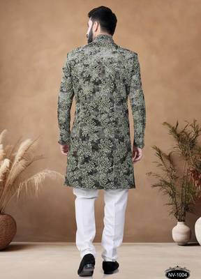 Green embroidery velvet semi indowestern with pollo pant for mens 2