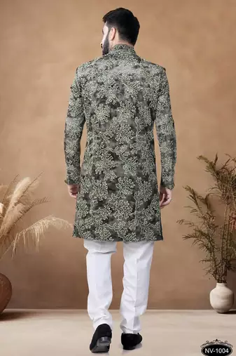 Green embroidery velvet semi indowestern with pollo pant for mens