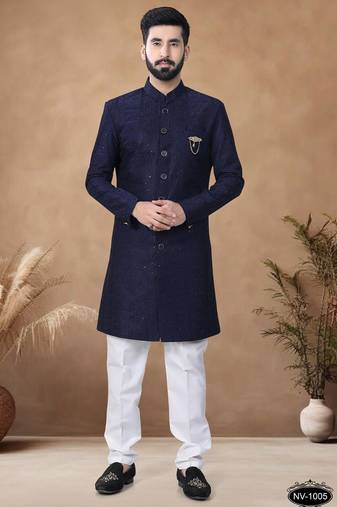 Blue embroidery silk semi indowestern with pollo pant for mens