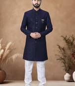 Blue embroidery silk semi indowestern with pollo pant for mens