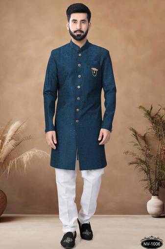 Blue embroidery silk semi indowestern with pollo pant for mens