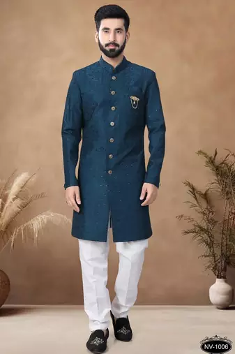 Blue embroidery silk semi indowestern with pollo pant for mens