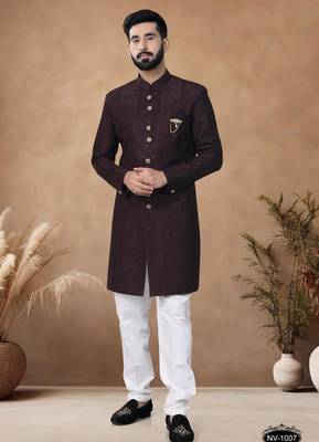 Brown embroidery silk semi indowestern with pollo pant for mens 1
