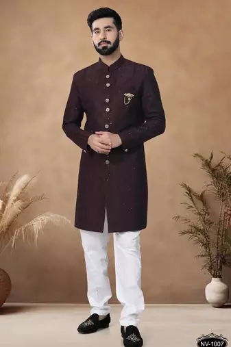 Brown embroidery silk semi indowestern with pollo pant for mens